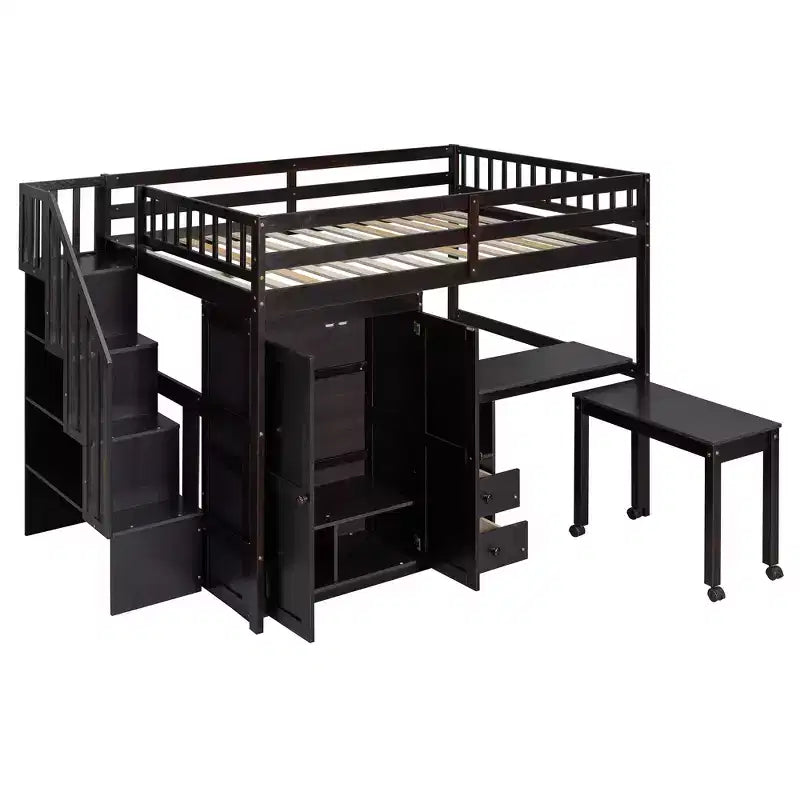 CLIHOME Letto a soppalco a una piazza e mezza con scale, libreria, cassetti, scrivania e armadio, mobile salvaspazio multifunzionale per bambini e ragazzi