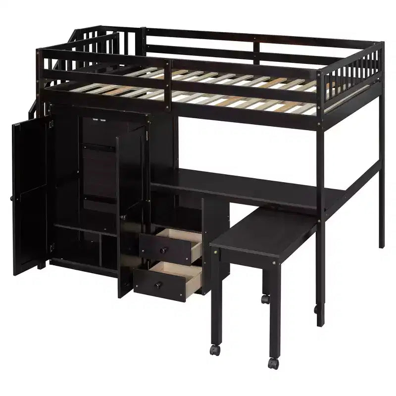 CLIHOME Letto a soppalco a una piazza e mezza con scale, libreria, cassetti, scrivania e armadio, mobile salvaspazio multifunzionale per bambini e ragazzi