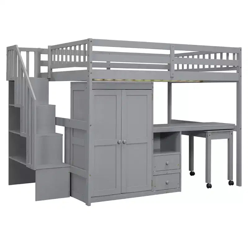 CLIHOME Letto a soppalco a una piazza e mezza con scale, libreria, cassetti, scrivania e armadio, mobile salvaspazio multifunzionale per bambini e ragazzi