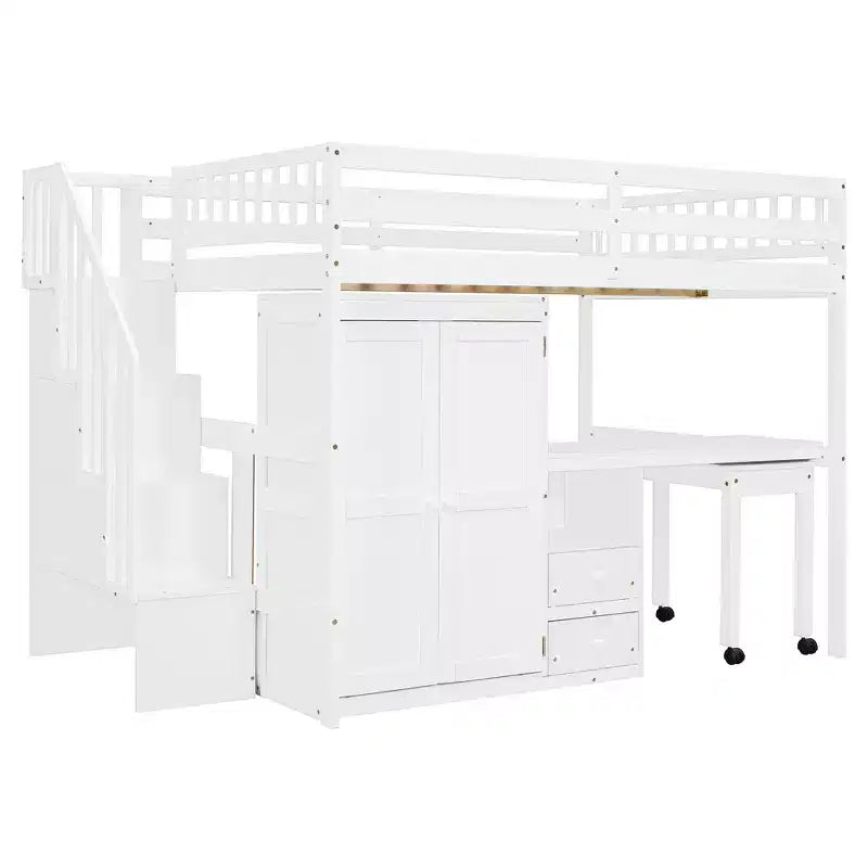 CLIHOME Letto a soppalco a una piazza e mezza con scale, libreria, cassetti, scrivania e armadio, mobile salvaspazio multifunzionale per bambini e ragazzi
