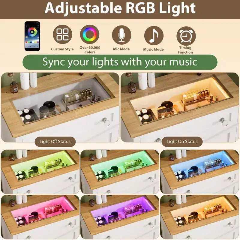 Zstar Comodino a 4 cassetti con luce notturna - Cassettiera bianca con striscia LED e piano in vetro a vista per camera da letto, soggiorno