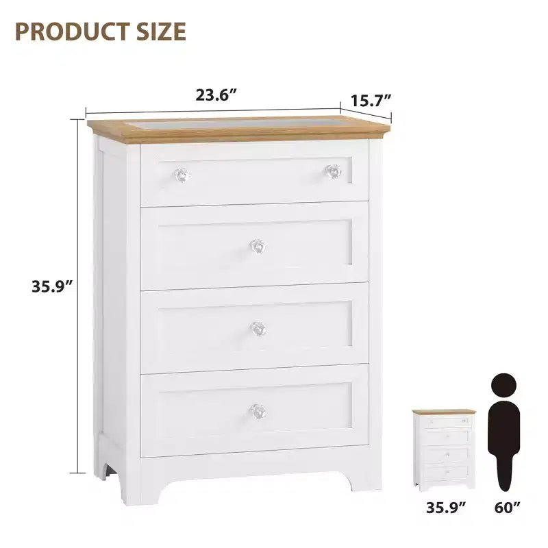 Zstar Comodino a 4 cassetti con luce notturna - Cassettiera bianca con striscia LED e piano in vetro a vista per camera da letto, soggiorno
