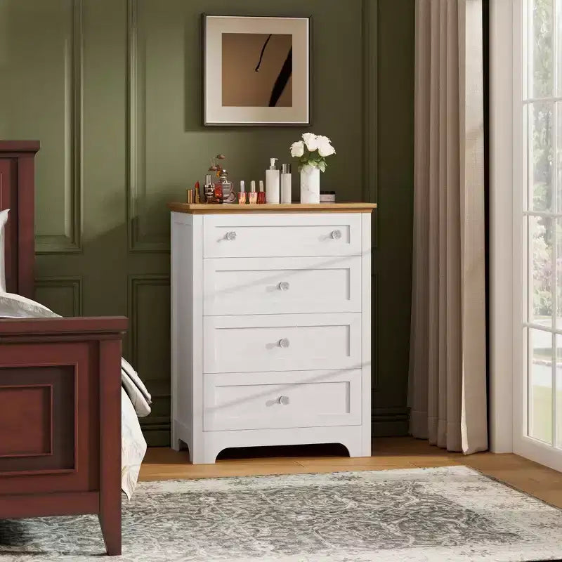 Zstar Comodino a 4 cassetti con luce notturna - Cassettiera bianca con striscia LED e piano in vetro a vista per camera da letto, soggiorno
