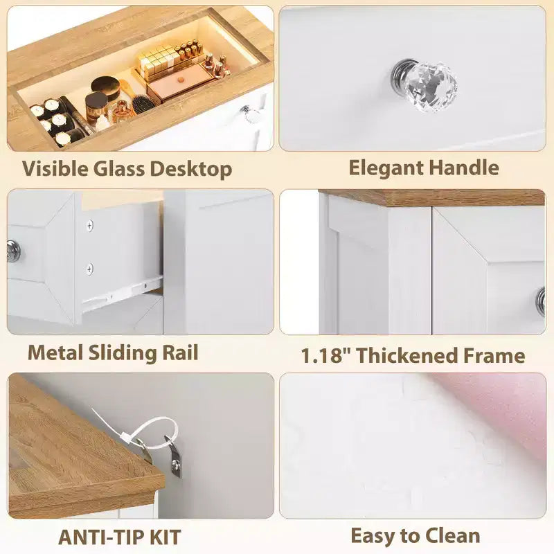 Zstar Comodino a 4 cassetti con luce notturna - Cassettiera bianca con striscia LED e piano in vetro a vista per camera da letto, soggiorno