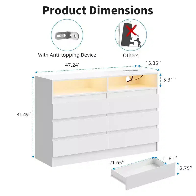Cassettiera doppia moderna a 6 cassetti Zstar per camera da letto con presa di corrente e luce a LED