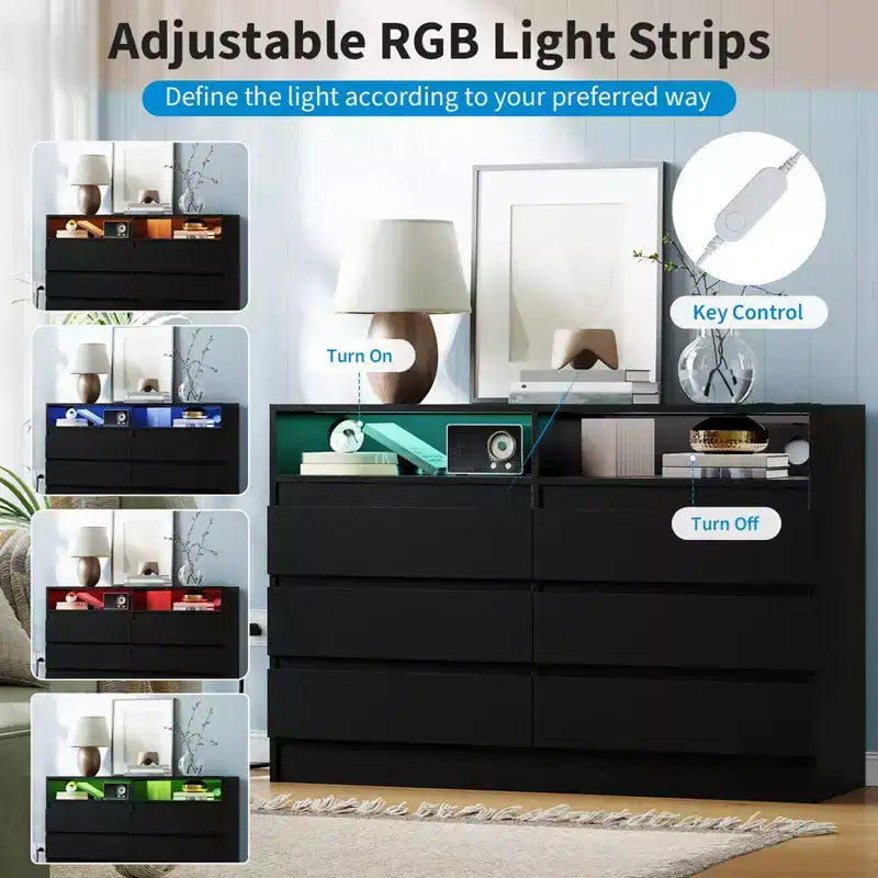 Cassettiera doppia moderna a 6 cassetti Zstar per camera da letto con presa di corrente e luce a LED