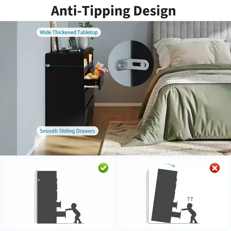Cassettiera doppia moderna a 6 cassetti Zstar per camera da letto con presa di corrente e luce a LED