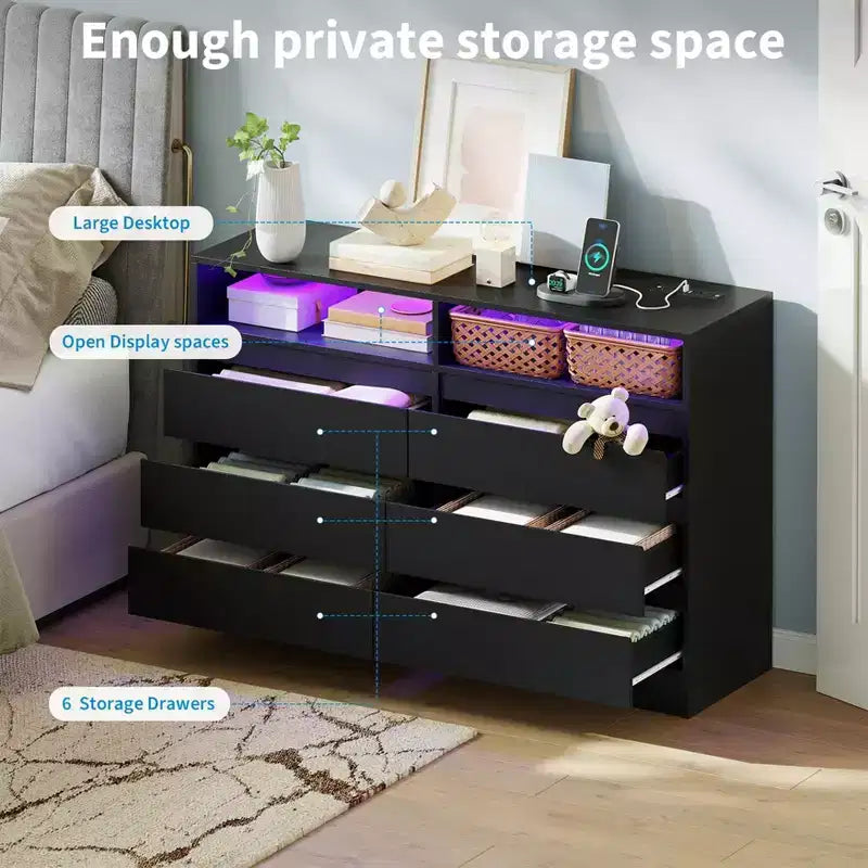 Cassettiera doppia moderna a 6 cassetti Zstar per camera da letto con presa di corrente e luce a LED