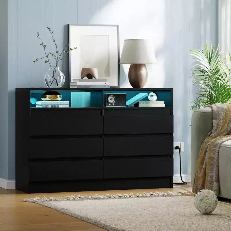 Zstar Modern 6-Drawer Double Dresser for Bedroom with Power Outlet and LED Light