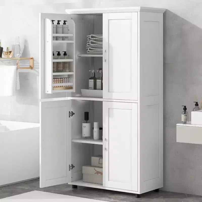 Mobiletto da bagno alto e largo, mobiletto a 4 ante con ripiani regolabili, bianco - ModernLuxe