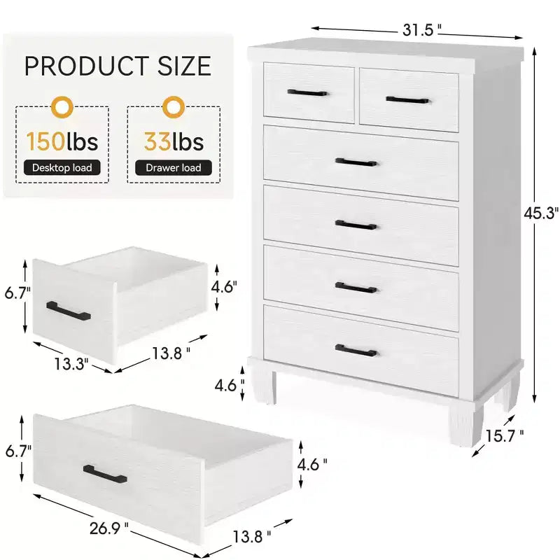 Cassettiera moderna Zstar a 6 cassetti, comò alto 45" in legno grigio con ampi cassetti portaoggetti per camera da letto, armadio e ingresso