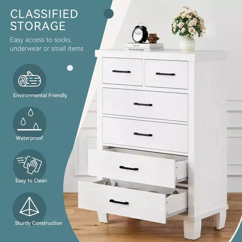 Cassettiera moderna Zstar a 6 cassetti, comò alto 45" in legno grigio con ampi cassetti portaoggetti per camera da letto, armadio e ingresso