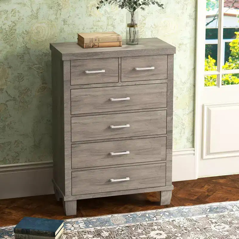 Cassettiera moderna Zstar a 6 cassetti, comò alto 45" in legno grigio con ampi cassetti portaoggetti per camera da letto, armadio e ingresso