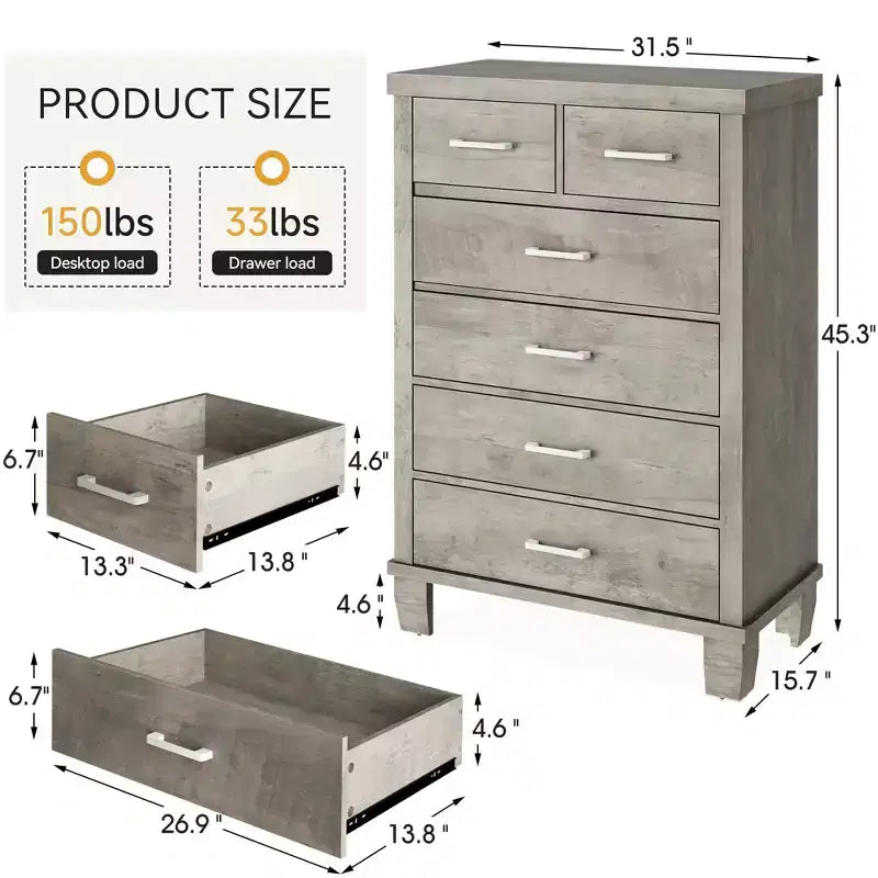Cassettiera moderna Zstar a 6 cassetti, comò alto 45" in legno grigio con ampi cassetti portaoggetti per camera da letto, armadio e ingresso