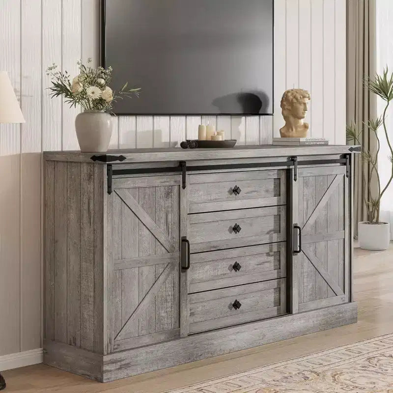 GustoWave Comò a 4 cassetti per camera da letto, cassettiere in legno stile rustico da 59 pollici con ante scorrevoli a fienile e cassetti grandi