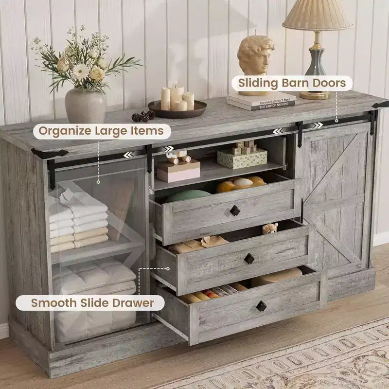 GustoWave Comò a 4 cassetti per camera da letto, cassettiere in legno stile rustico da 59 pollici con ante scorrevoli a fienile e cassetti grandi