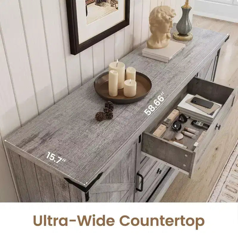 GustoWave Comò a 4 cassetti per camera da letto, cassettiere in legno stile rustico da 59 pollici con ante scorrevoli a fienile e cassetti grandi