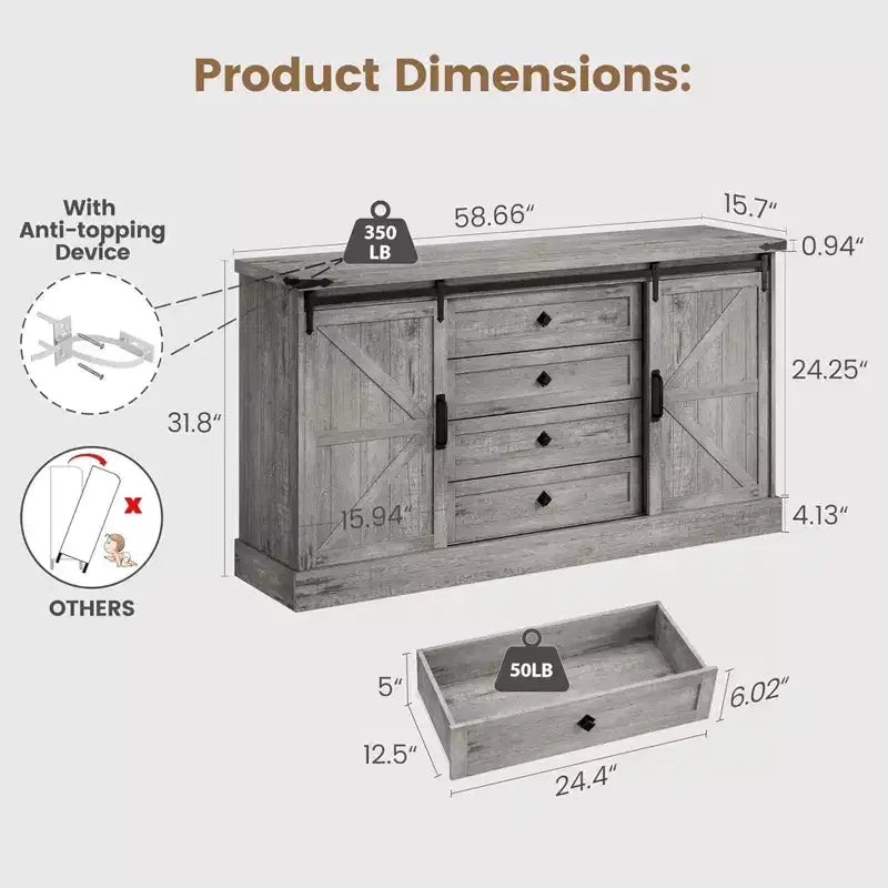 GustoWave Comò a 4 cassetti per camera da letto, cassettiere in legno stile rustico da 59 pollici con ante scorrevoli a fienile e cassetti grandi