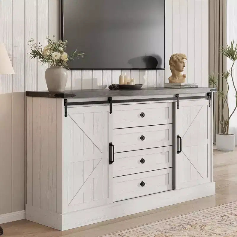 GustoWave Comò a 4 cassetti per camera da letto, cassettiere in legno stile rustico da 59 pollici con ante scorrevoli a fienile e cassetti grandi