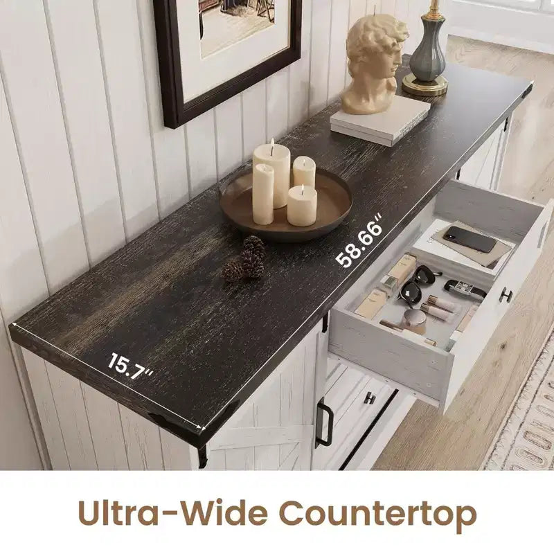 GustoWave Comò a 4 cassetti per camera da letto, cassettiere in legno stile rustico da 59 pollici con ante scorrevoli a fienile e cassetti grandi
