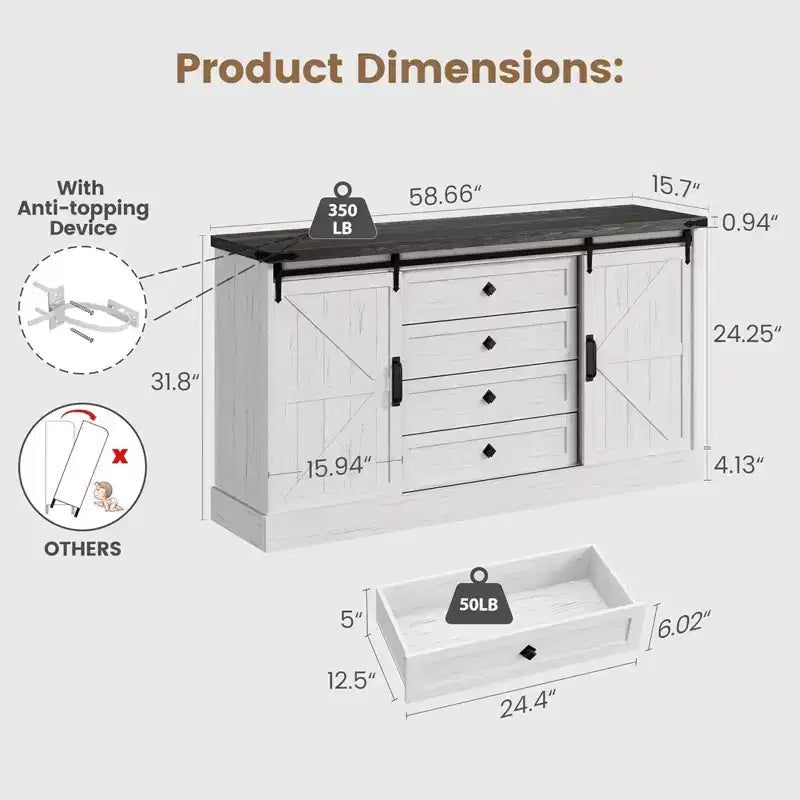 GustoWave Comò a 4 cassetti per camera da letto, cassettiere in legno stile rustico da 59 pollici con ante scorrevoli a fienile e cassetti grandi