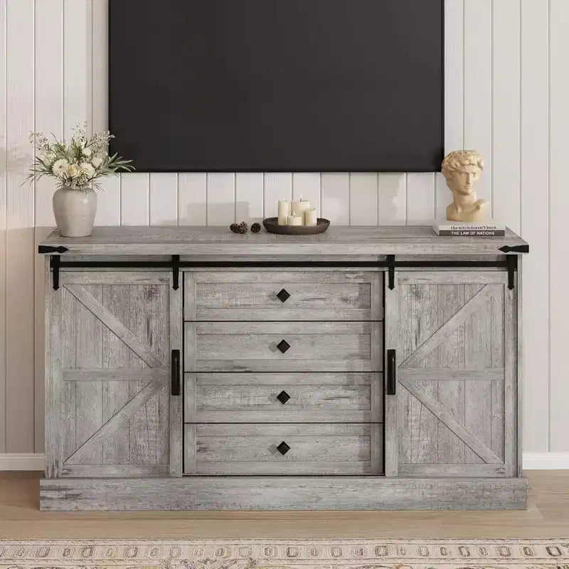 GustoWave Comò a 4 cassetti per camera da letto, cassettiere in legno stile rustico da 59 pollici con ante scorrevoli a fienile e cassetti grandi