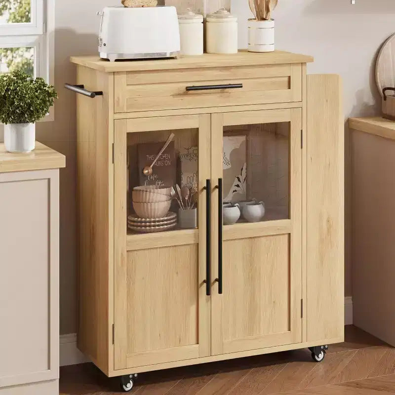 Isola per Cucina con Ruote, Carrello da Cucina con Portaspezie e Cassetto, Carrello da Cucina Mobile con Ruote, per Casa, Sala da Pranzo, Rovere Naturale