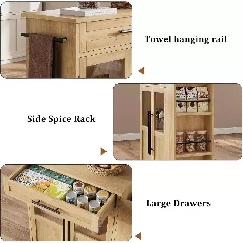 Isola per Cucina con Ruote, Carrello da Cucina con Portaspezie e Cassetto, Carrello da Cucina Mobile con Ruote, per Casa, Sala da Pranzo, Rovere Naturale
