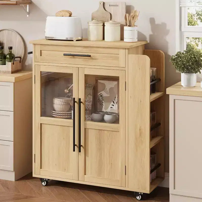 Isola per Cucina con Ruote, Carrello da Cucina con Portaspezie e Cassetto, Carrello da Cucina Mobile con Ruote, per Casa, Sala da Pranzo, Rovere Naturale