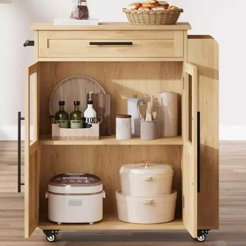 Isola per Cucina con Ruote, Carrello da Cucina con Portaspezie e Cassetto, Carrello da Cucina Mobile con Ruote, per Casa, Sala da Pranzo, Rovere Naturale