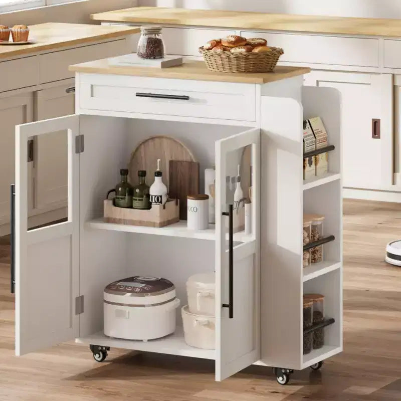 Isola per Cucina con Ruote, Carrello da Cucina con Portaspezie e Cassetto, Carrello da Cucina Mobile con Ruote, per Casa, Sala da Pranzo, Rovere Naturale