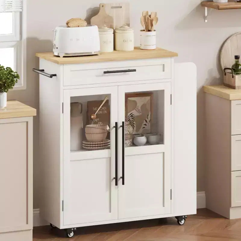 Kitchen Island Table On Wheels, Storage Island with Spice Rack and Drawer, Rolling Kitchen Cart On Wheels, for Home, Dining Room, Natural Oak