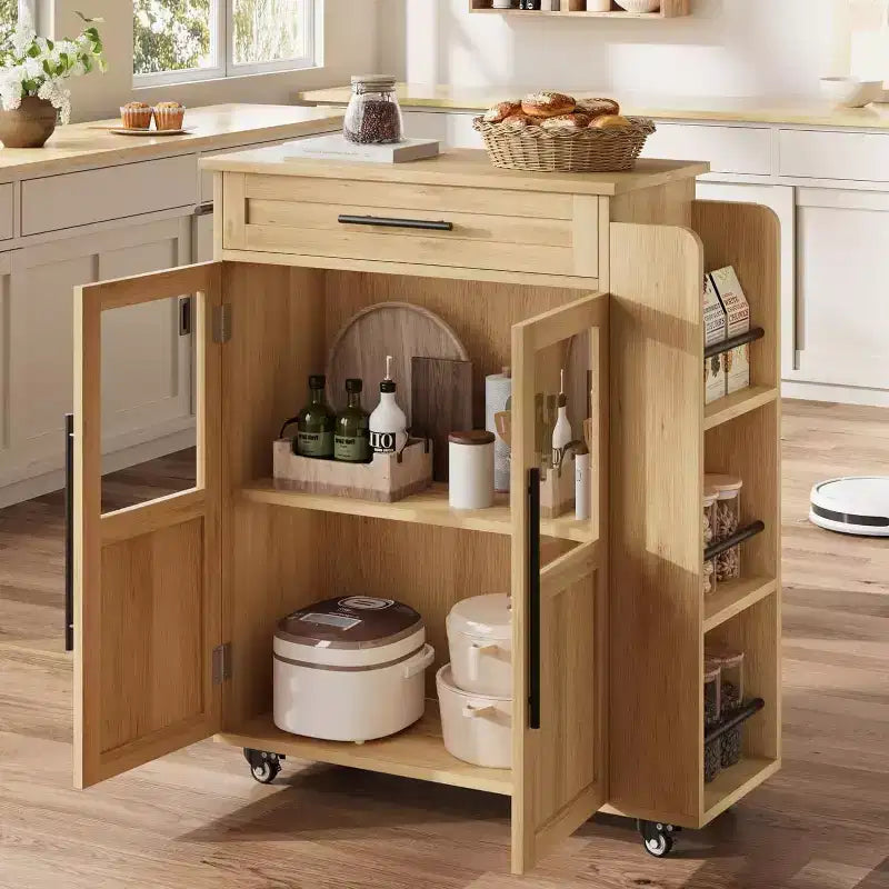 Isola per Cucina con Ruote, Carrello da Cucina con Portaspezie e Cassetto, Carrello da Cucina Mobile con Ruote, per Casa, Sala da Pranzo, Rovere Naturale