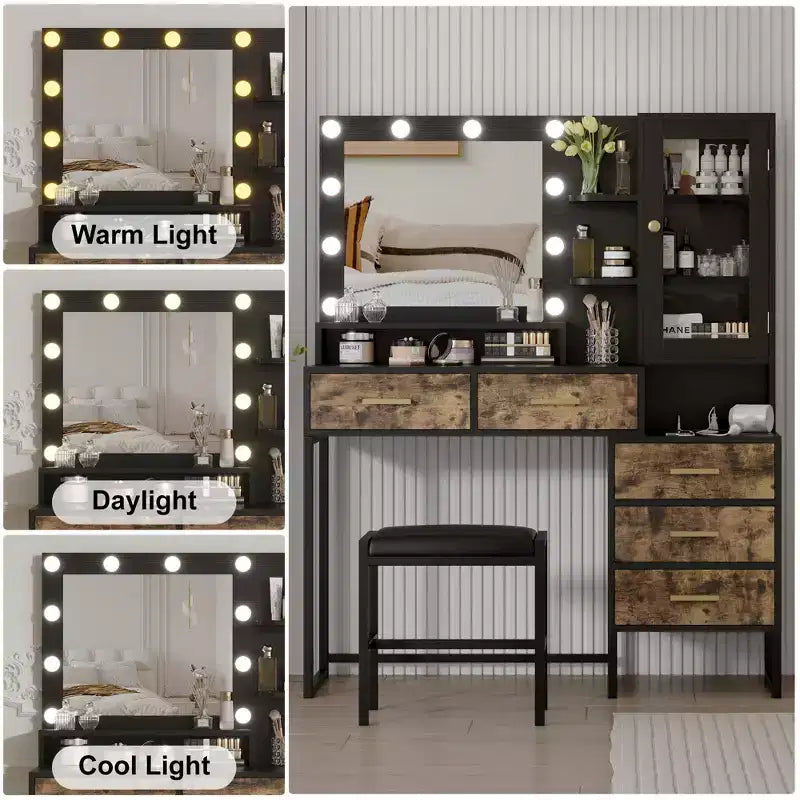 Toeletta Trucco con Luci a 3 Colori, Tavolo da Trucco con Stazione di Ricarica, Scrivania Trucco con Cassetti Ripiani Specchio, Tavolo da Toeletta per Camera da Letto