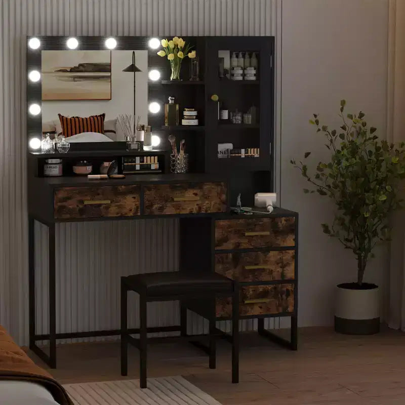 Toeletta Trucco con Luci a 3 Colori, Tavolo da Trucco con Stazione di Ricarica, Scrivania Trucco con Cassetti Ripiani Specchio, Tavolo da Toeletta per Camera da Letto