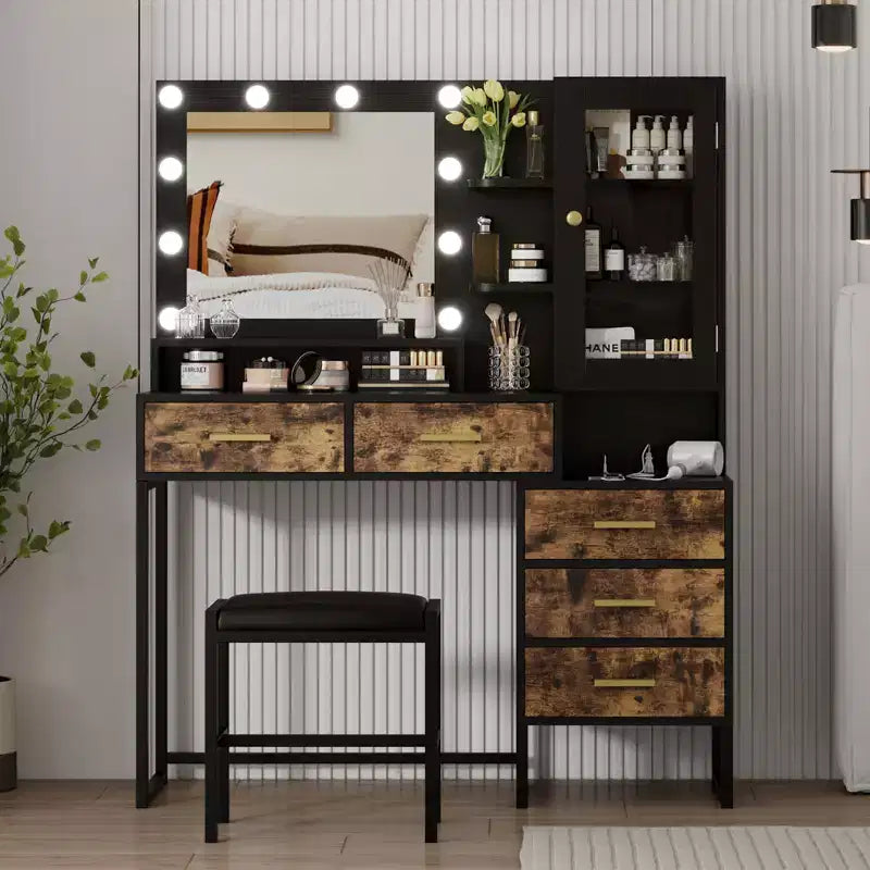 Toeletta Trucco con Luci a 3 Colori, Tavolo da Trucco con Stazione di Ricarica, Scrivania Trucco con Cassetti Ripiani Specchio, Tavolo da Toeletta per Camera da Letto