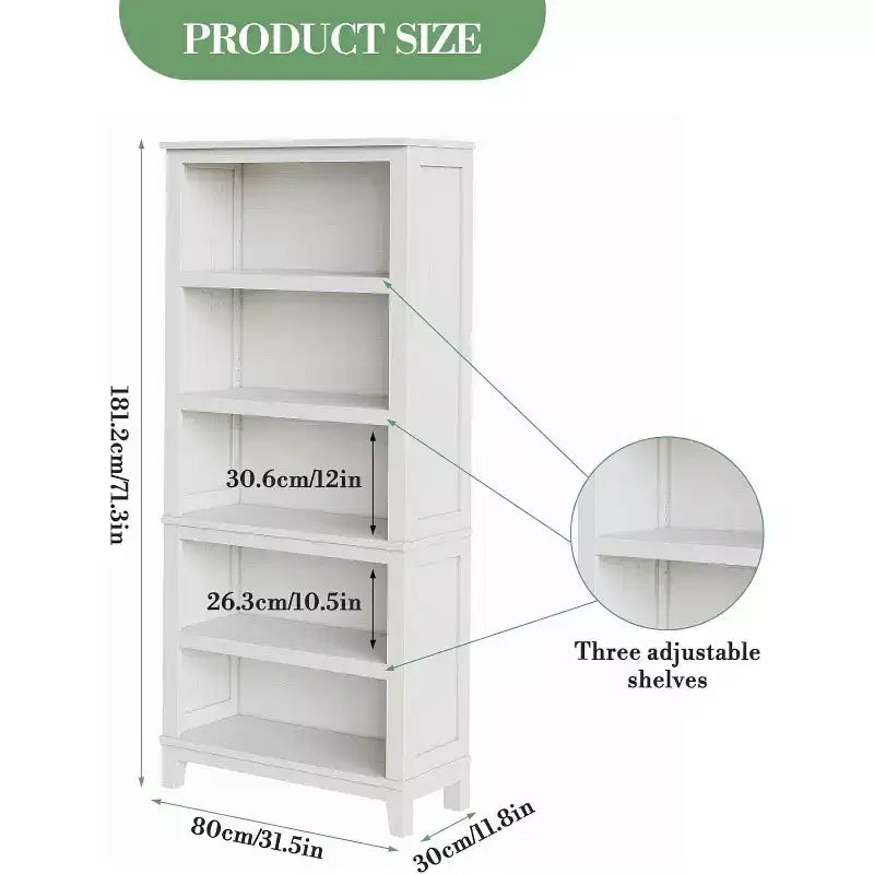 Acekool Scaffale in legno a 5 ripiani alto 181 cm con 3 ripiani regolabili, libreria sottile larga 30 cm per soggiorno, camera da letto, bianco