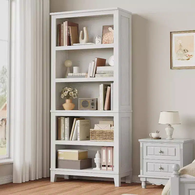 Acekool Scaffale in legno a 5 ripiani alto 181 cm con 3 ripiani regolabili, libreria sottile larga 30 cm per soggiorno, camera da letto, bianco