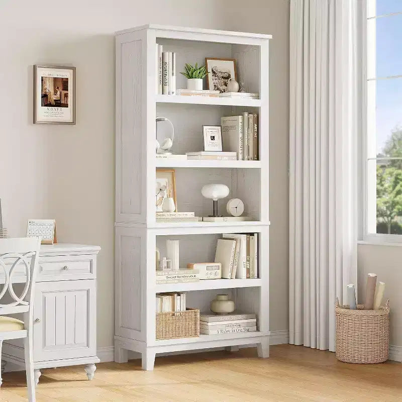 Acekool Scaffale in legno a 5 ripiani alto 181 cm con 3 ripiani regolabili, libreria sottile larga 30 cm per soggiorno, camera da letto, bianco