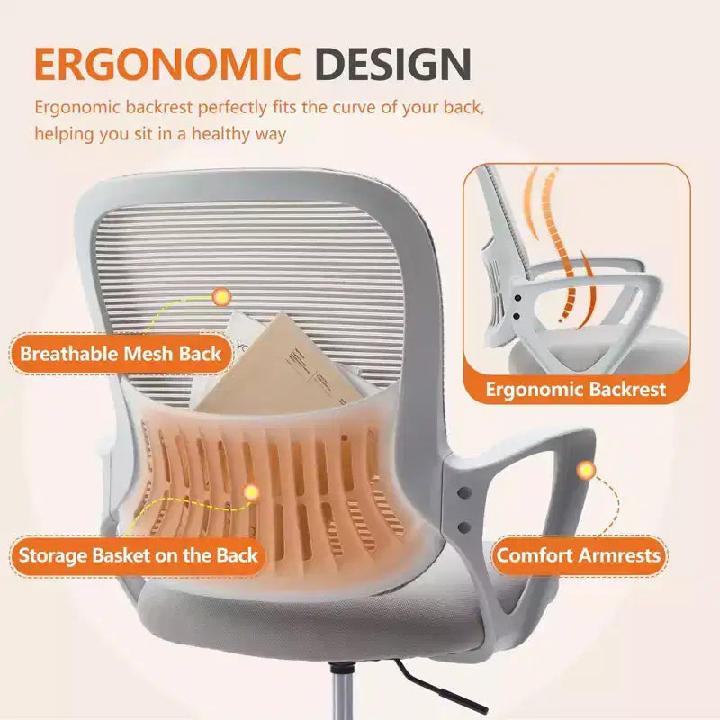 MAYEERTY Sedia da ufficio ergonomica per scrivania da ufficio regolabile in altezza Sedia da computer con bracciolo fisso Grigio
