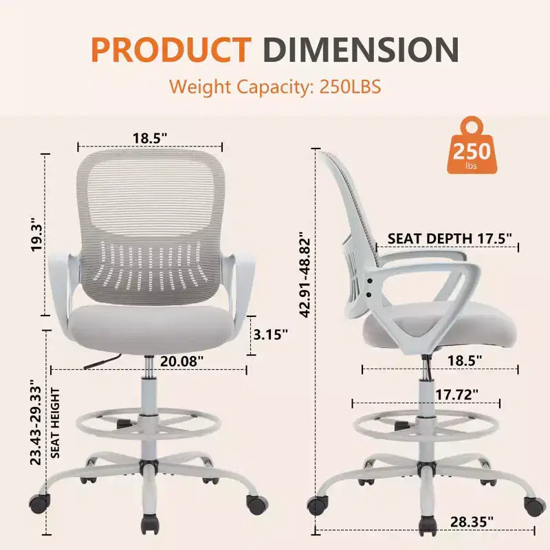 MAYEERTY Sedia da ufficio ergonomica per scrivania da ufficio regolabile in altezza Sedia da computer con bracciolo fisso Grigio