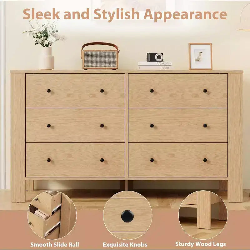 Comò doppio Acekool a 6 cassetti, organizzatore moderno in legno per camera da letto e cameretta