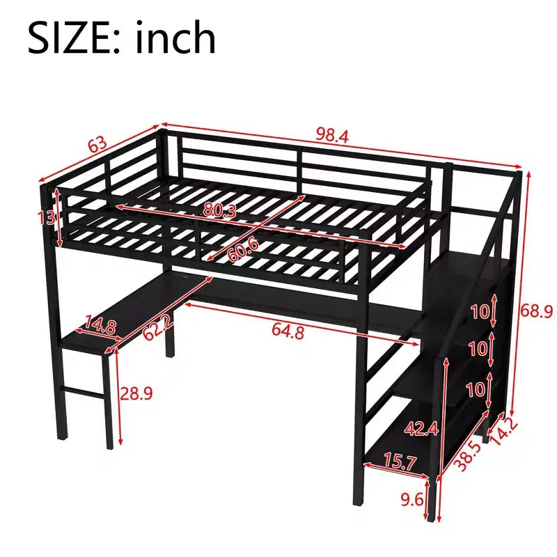 Okak Metal High Loft Bunk Bed with L-shaped Desk & USB Heavy Duty Bedframe with Wardrobe & Adjustable Shelf LED for Adults Teens Kids