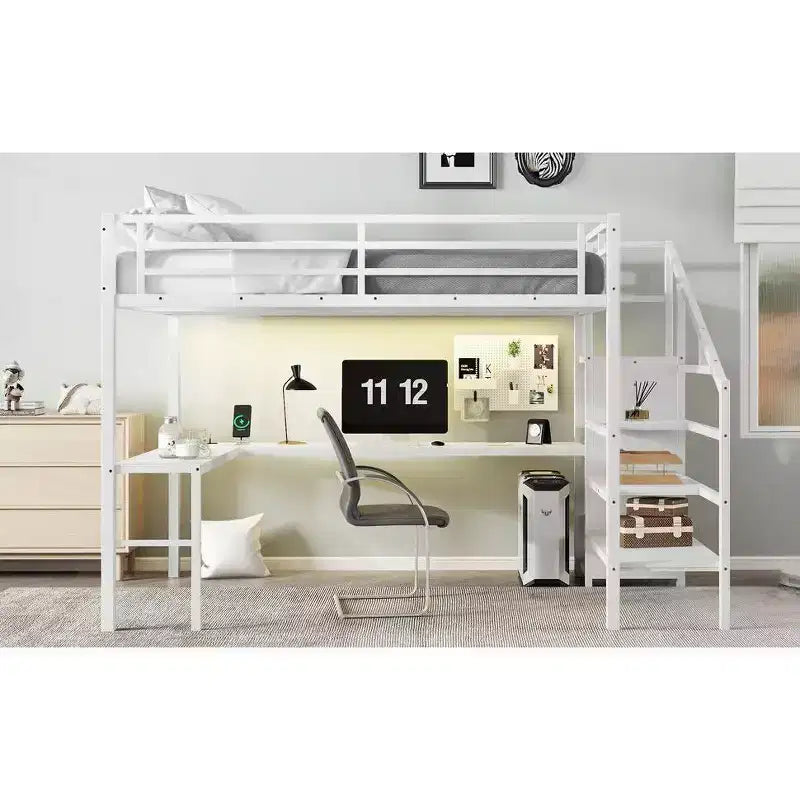 Okak Metal High Loft Bunk Bed with L-shaped Desk & USB Heavy Duty Bedframe with Wardrobe & Adjustable Shelf LED for Adults Teens Kids