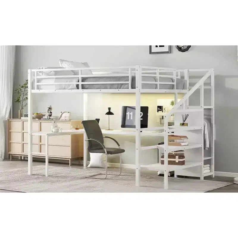 Okak Metal High Loft Bunk Bed with L-shaped Desk & USB Heavy Duty Bedframe with Wardrobe & Adjustable Shelf LED for Adults Teens Kids