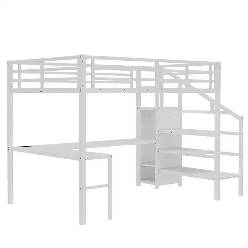 Okak Metal High Loft Bunk Bed with L-shaped Desk & USB Heavy Duty Bedframe with Wardrobe & Adjustable Shelf LED for Adults Teens Kids