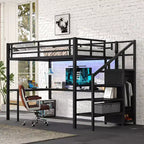 Okak Metal High Loft Bunk Bed with L-shaped Desk & USB Heavy Duty Bedframe with Wardrobe & Adjustable Shelf LED for Adults Teens Kids