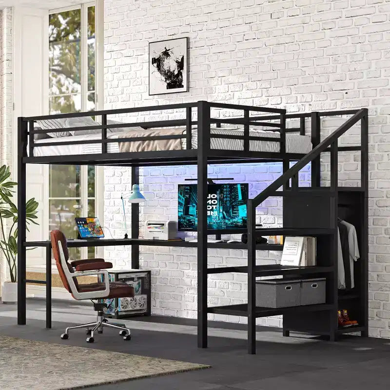 Okak Metal High Loft Bunk Bed with L-shaped Desk & USB Heavy Duty Bedframe with Wardrobe & Adjustable Shelf LED for Adults Teens Kids