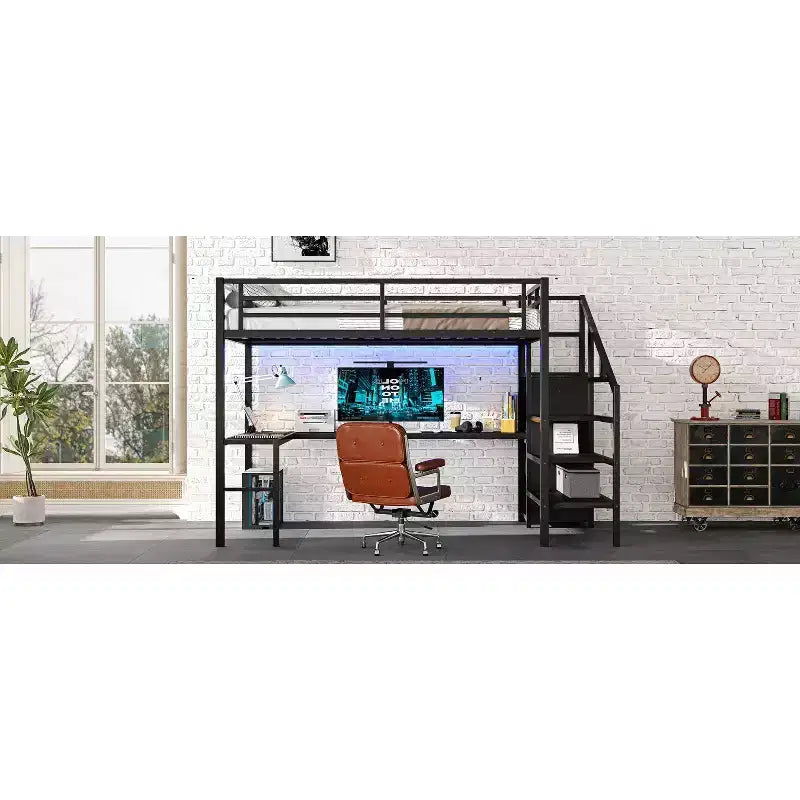 Okak Metal High Loft Bunk Bed with L-shaped Desk & USB Heavy Duty Bedframe with Wardrobe & Adjustable Shelf LED for Adults Teens Kids
