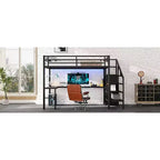 Okak Metal High Loft Bunk Bed with L-shaped Desk & USB Heavy Duty Bedframe with Wardrobe & Adjustable Shelf LED for Adults Teens Kids